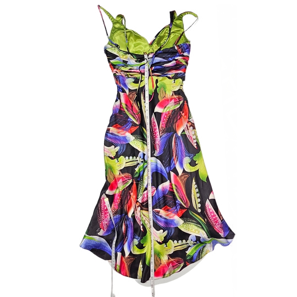 Y2K Cache Vintage 100% Silk Party Bright Colorful Floral Halter Midi Dress - Picture 12 of 15